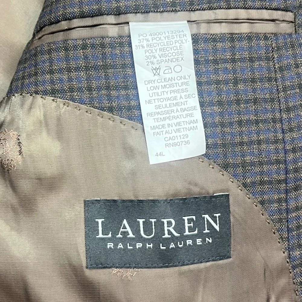 Ralph Lauren Black Label Men 44L Brown Blue Gingham Check Blazer Sport Coat